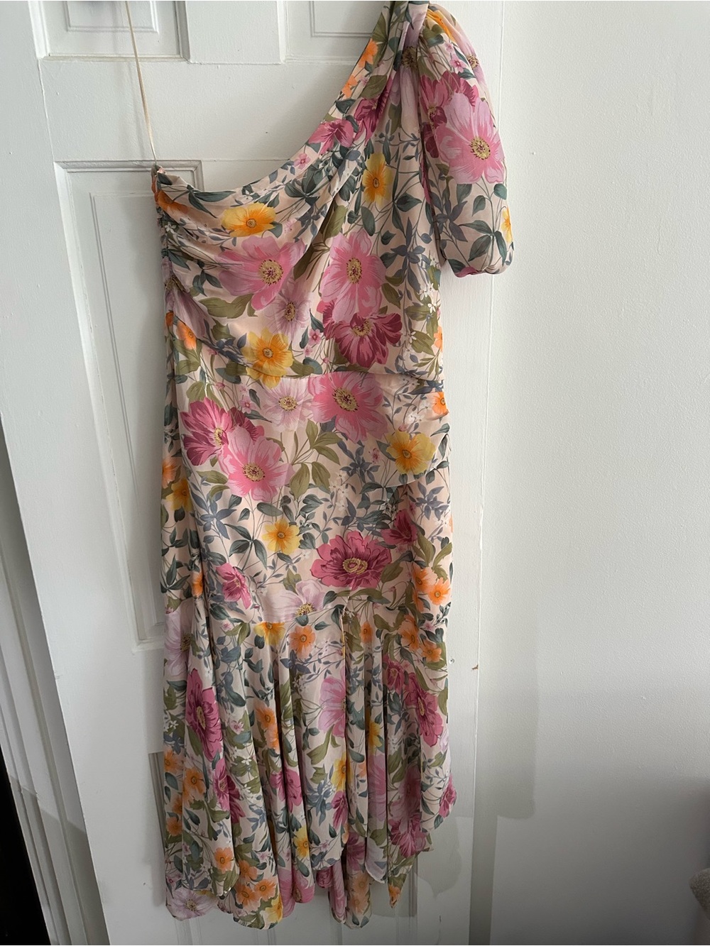 ASTR Floral One-Shoulder Midi Dress in Pink and Yellow